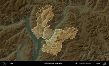 Salten-Schlern - Salto-Sciliar. İtalya 'nın idari alanı koyu renkli bir yükseklik haritasına vurgulandı ve özetlendi