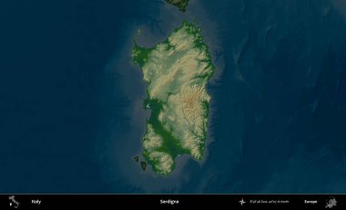 Sardigna. İtalya 'nın idari alanı koyu renkli bir yükseklik haritasına vurgulandı ve özetlendi