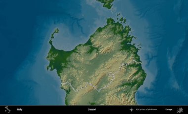 Sassari. İtalya 'nın idari bölgesi renkli bir yükseklik haritasında özetlendi