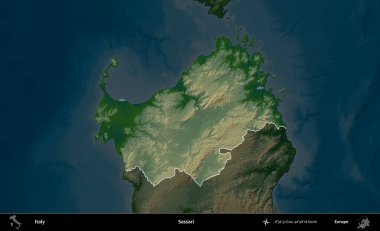 Sassari. İtalya 'nın idari alanı koyu renkli bir yükseklik haritasına vurgulandı ve özetlendi