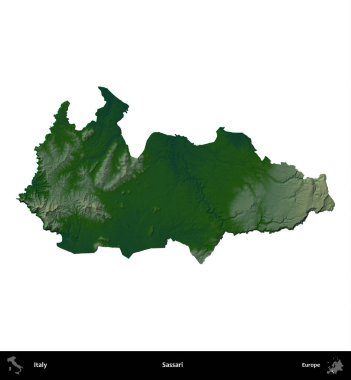 Sassari. İtalya 'nın idari bölgesi renkli bir yükseklik haritasında beyaza izole edilmiş