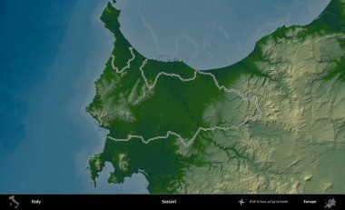 Sassari. İtalya 'nın idari bölgesi renkli bir yükseklik haritasında özetlendi