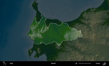 Sassari. İtalya 'nın idari alanı koyu renkli bir yükseklik haritasına vurgulandı ve özetlendi