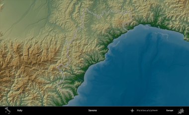 Savona. İtalya 'nın idari bölgesi renkli bir yükseklik haritasında özetlendi