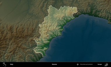 Savona. İtalya 'nın idari alanı koyu renkli bir yükseklik haritasına vurgulandı ve özetlendi