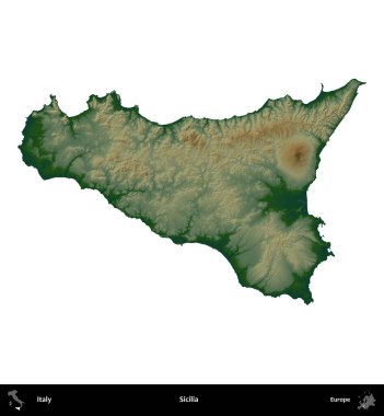 Sicilya 'da. İtalya 'nın idari bölgesi renkli bir yükseklik haritasında beyaza izole edilmiş