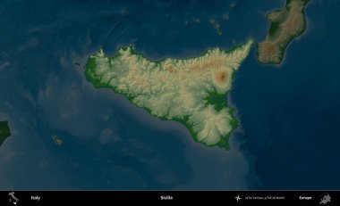 Sicilya 'da. İtalya 'nın idari alanı koyu renkli bir yükseklik haritasına vurgulandı ve özetlendi