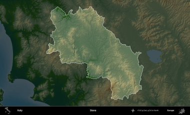 Siena. İtalya 'nın idari alanı koyu renkli bir yükseklik haritasına vurgulandı ve özetlendi