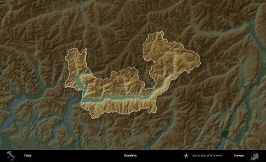 Sondrio. İtalya 'nın idari alanı koyu renkli bir yükseklik haritasına vurgulandı ve özetlendi