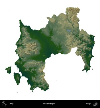 Sud Sardegna. İtalya 'nın idari bölgesi renkli bir yükseklik haritasında beyaza izole edilmiş