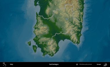Sud Sardegna. İtalya 'nın idari bölgesi renkli bir yükseklik haritasında özetlendi