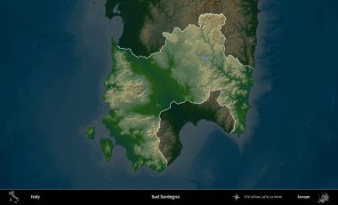 Sud Sardegna. İtalya 'nın idari alanı koyu renkli bir yükseklik haritasına vurgulandı ve özetlendi