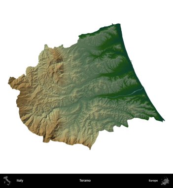 Teramo. İtalya 'nın idari bölgesi renkli bir yükseklik haritasında beyaza izole edilmiş