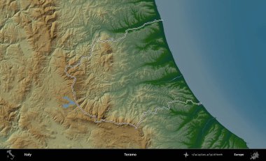 Teramo. İtalya 'nın idari bölgesi renkli bir yükseklik haritasında özetlendi