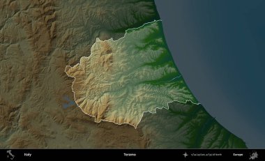 Teramo. İtalya 'nın idari alanı koyu renkli bir yükseklik haritasına vurgulandı ve özetlendi