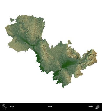 Terni. İtalya 'nın idari bölgesi renkli bir yükseklik haritasında beyaza izole edilmiş
