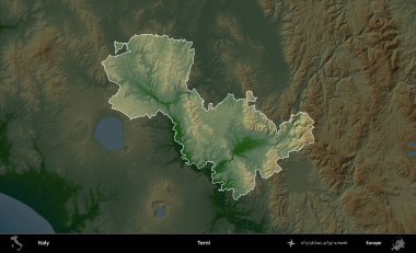 Terni. İtalya 'nın idari alanı koyu renkli bir yükseklik haritasına vurgulandı ve özetlendi