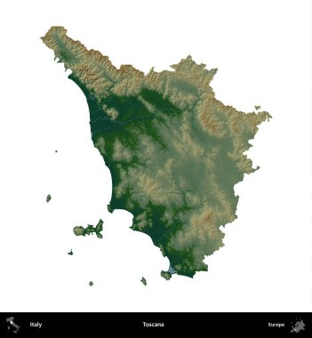 Toscana. İtalya 'nın idari bölgesi renkli bir yükseklik haritasında beyaza izole edilmiş