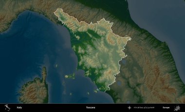 Toscana. İtalya 'nın idari alanı koyu renkli bir yükseklik haritasına vurgulandı ve özetlendi