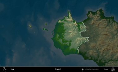 Trapani. İtalya 'nın idari alanı koyu renkli bir yükseklik haritasına vurgulandı ve özetlendi