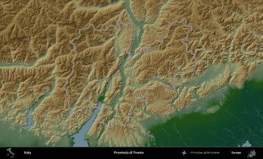 Provincia di Trento. İtalya 'nın idari bölgesi renkli bir yükseklik haritasında özetlendi