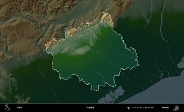 Treviso. İtalya 'nın idari alanı koyu renkli bir yükseklik haritasına vurgulandı ve özetlendi