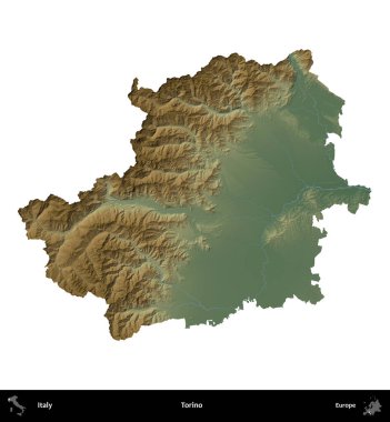 Torino. İtalya 'nın idari bölgesi renkli bir yükseklik haritasında beyaza izole edilmiş