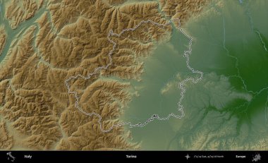 Torino. İtalya 'nın idari bölgesi renkli bir yükseklik haritasında özetlendi