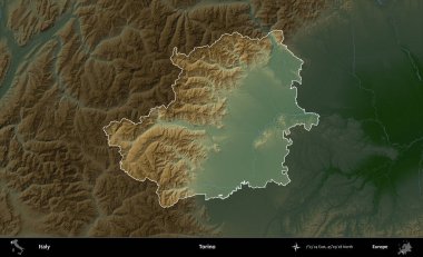 Torino. İtalya 'nın idari alanı koyu renkli bir yükseklik haritasına vurgulandı ve özetlendi