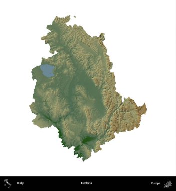 Umbria. İtalya 'nın idari bölgesi renkli bir yükseklik haritasında beyaza izole edilmiş