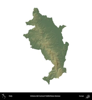 Tek dei Comuni Valdichiana Senese. İtalya 'nın idari bölgesi renkli bir yükseklik haritasında beyaza izole edilmiş