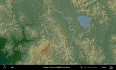 Tek dei Comuni Valdichiana Senese. İtalya 'nın idari bölgesi renkli bir yükseklik haritasında özetlendi