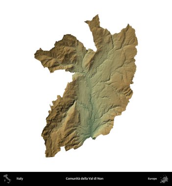 Comunita della Val di Non. İtalya 'nın idari bölgesi renkli bir yükseklik haritasında beyaza izole edilmiş