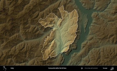 Comunita della Val di Non. İtalya 'nın idari alanı koyu renkli bir yükseklik haritasına vurgulandı ve özetlendi