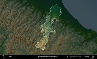 Unione dei comuni Valle del Savio. İtalya 'nın idari alanı koyu renkli bir yükseklik haritasına vurgulandı ve özetlendi