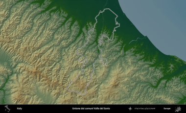 Unione dei comuni Valle del Savio. İtalya 'nın idari bölgesi renkli bir yükseklik haritasında özetlendi