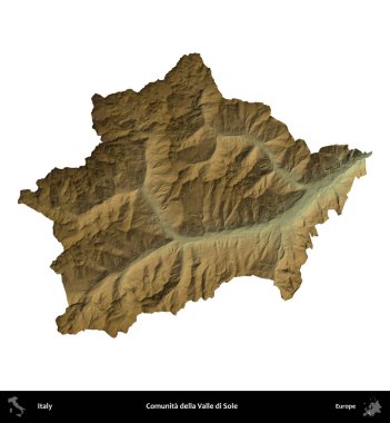 Comunita della Valle di Sole. İtalya 'nın idari bölgesi renkli bir yükseklik haritasında beyaza izole edilmiş