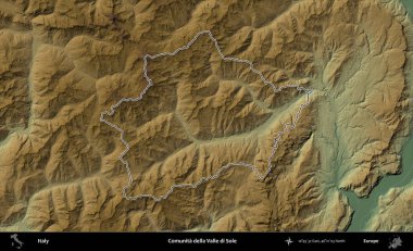 Comunita della Valle di Sole. İtalya 'nın idari bölgesi renkli bir yükseklik haritasında özetlendi