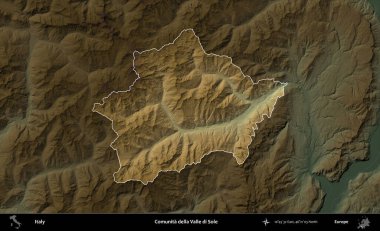 Comunita della Valle di Sole. İtalya 'nın idari alanı koyu renkli bir yükseklik haritasına vurgulandı ve özetlendi