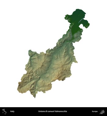Unione di comuni Valmarecchia. İtalya 'nın idari bölgesi renkli bir yükseklik haritasında beyaza izole edilmiş
