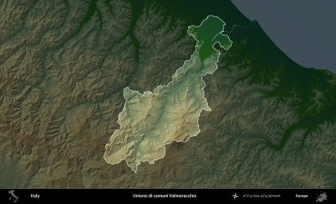 Unione di comuni Valmarecchia. İtalya 'nın idari alanı koyu renkli bir yükseklik haritasına vurgulandı ve özetlendi