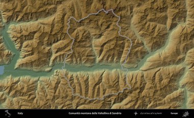 Comunita montana della Valtellina di Sondrio. İtalya 'nın idari bölgesi renkli bir yükseklik haritasında özetlendi