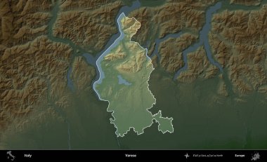 Varese. İtalya 'nın idari alanı koyu renkli bir yükseklik haritasına vurgulandı ve özetlendi
