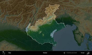 Veneto. İtalya 'nın idari alanı koyu renkli bir yükseklik haritasına vurgulandı ve özetlendi