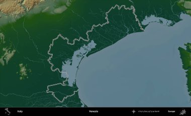Venezia 'da. İtalya 'nın idari bölgesi renkli bir yükseklik haritasında özetlendi