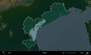 Venezia 'da. İtalya 'nın idari alanı koyu renkli bir yükseklik haritasına vurgulandı ve özetlendi