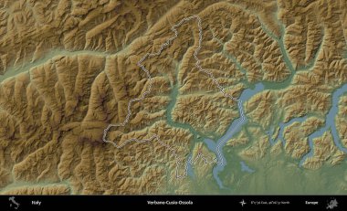 Verbano-Cusio-Ossola. İtalya 'nın idari bölgesi renkli bir yükseklik haritasında özetlendi