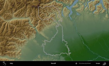 Vercelli. İtalya 'nın idari bölgesi renkli bir yükseklik haritasında özetlendi
