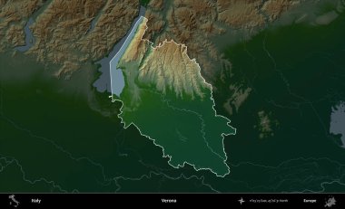 Verona. İtalya 'nın idari alanı koyu renkli bir yükseklik haritasına vurgulandı ve özetlendi