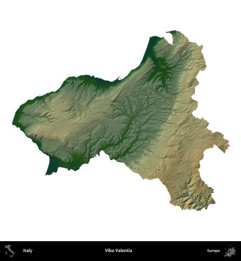 Vibo Valentia. İtalya 'nın idari bölgesi renkli bir yükseklik haritasında beyaza izole edilmiş